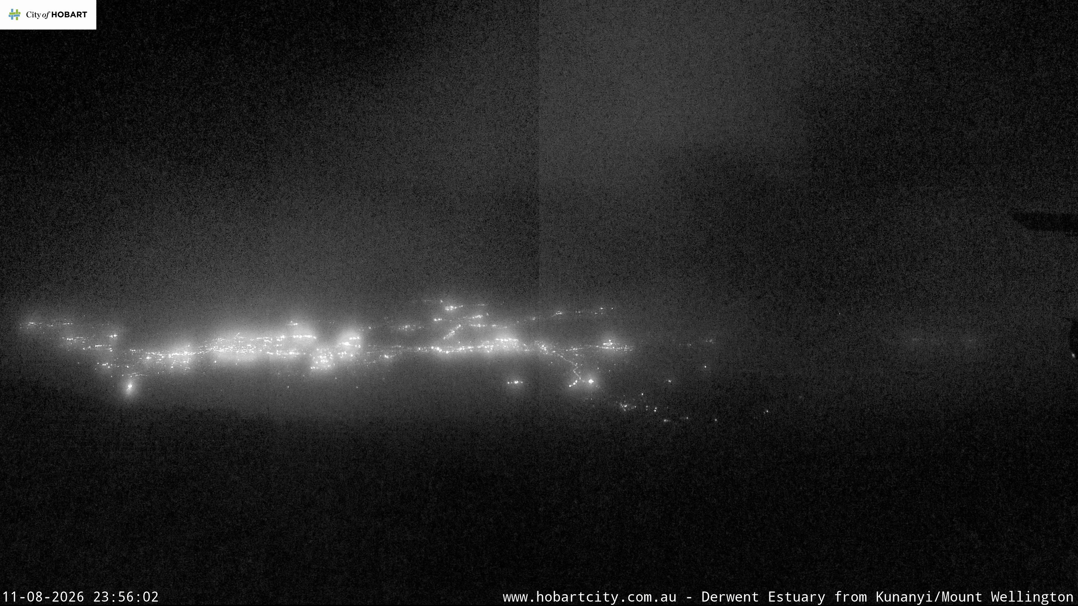 kunanyi / Mt Wellington Hobart and Derwent Estuary snow cam captured at 11 August 2026 at 11:57 pm AEST