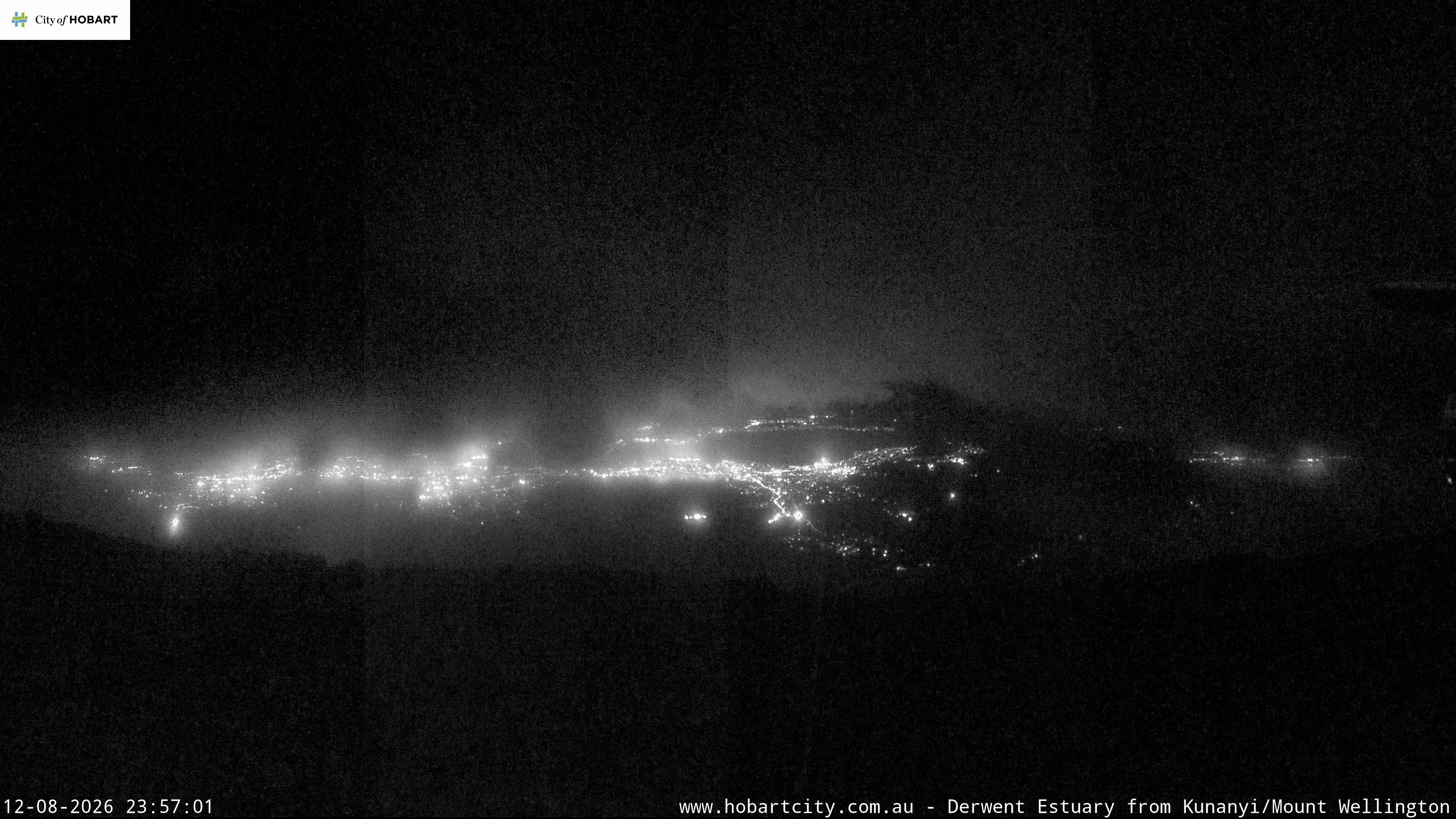 kunanyi / Mt Wellington Hobart and Derwent Estuary snow cam captured at 12 August 2026 at 11:57 pm AEST