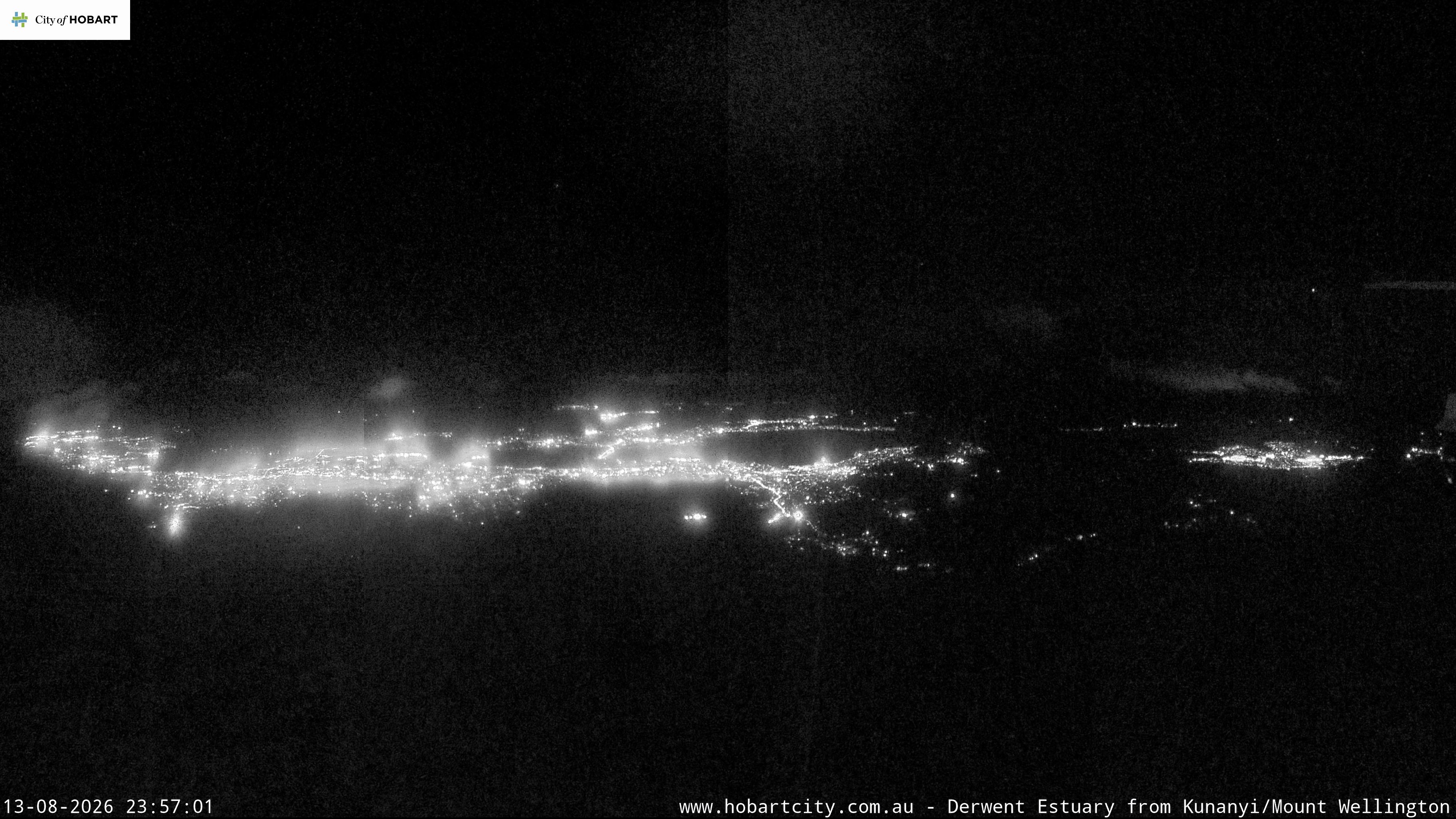 kunanyi / Mt Wellington Hobart and Derwent Estuary snow cam captured at 13 August 2026 at 11:58 pm AEST