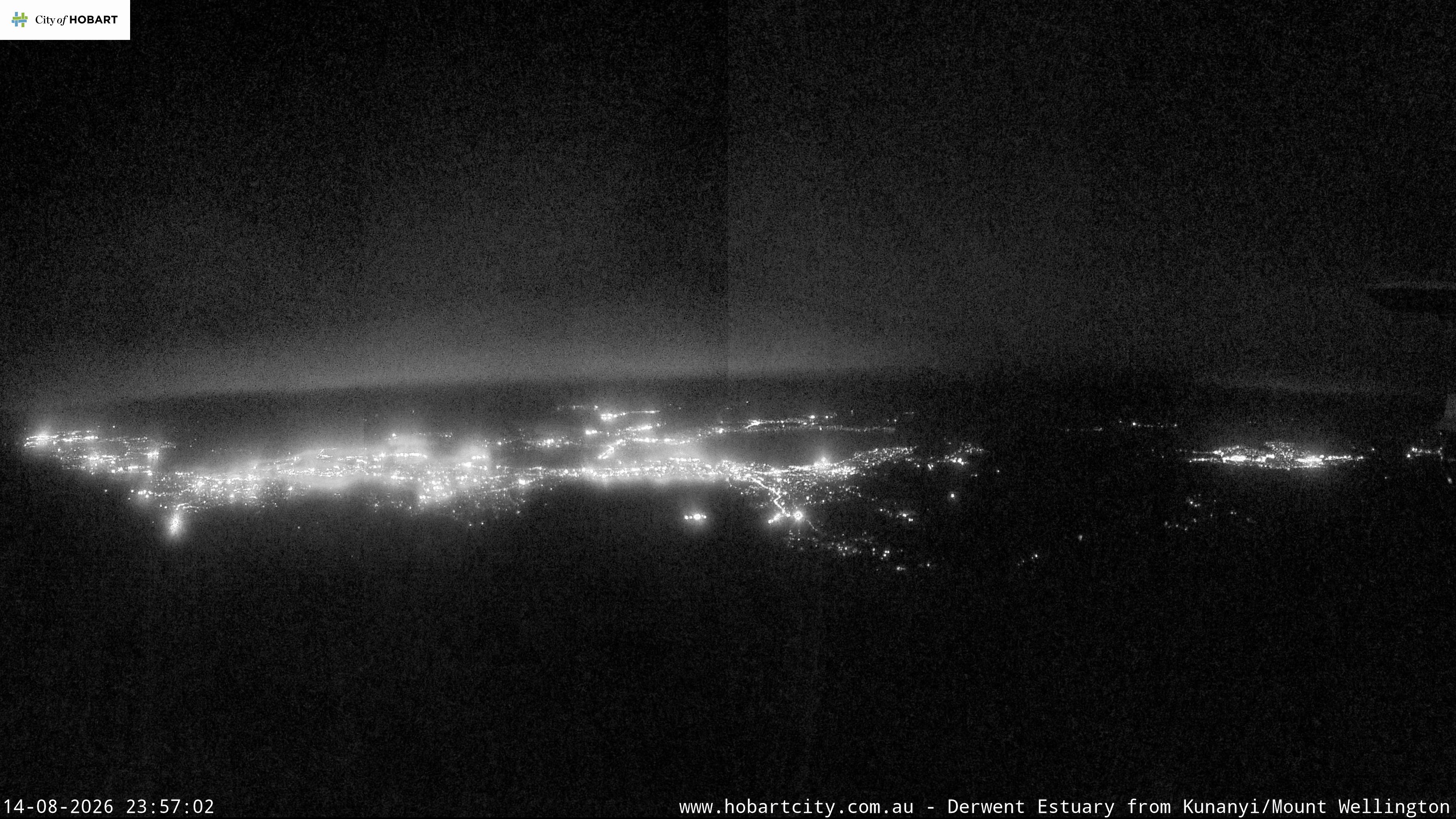 kunanyi / Mt Wellington Hobart and Derwent Estuary snow cam captured at 14 August 2026 at 11:58 pm AEST