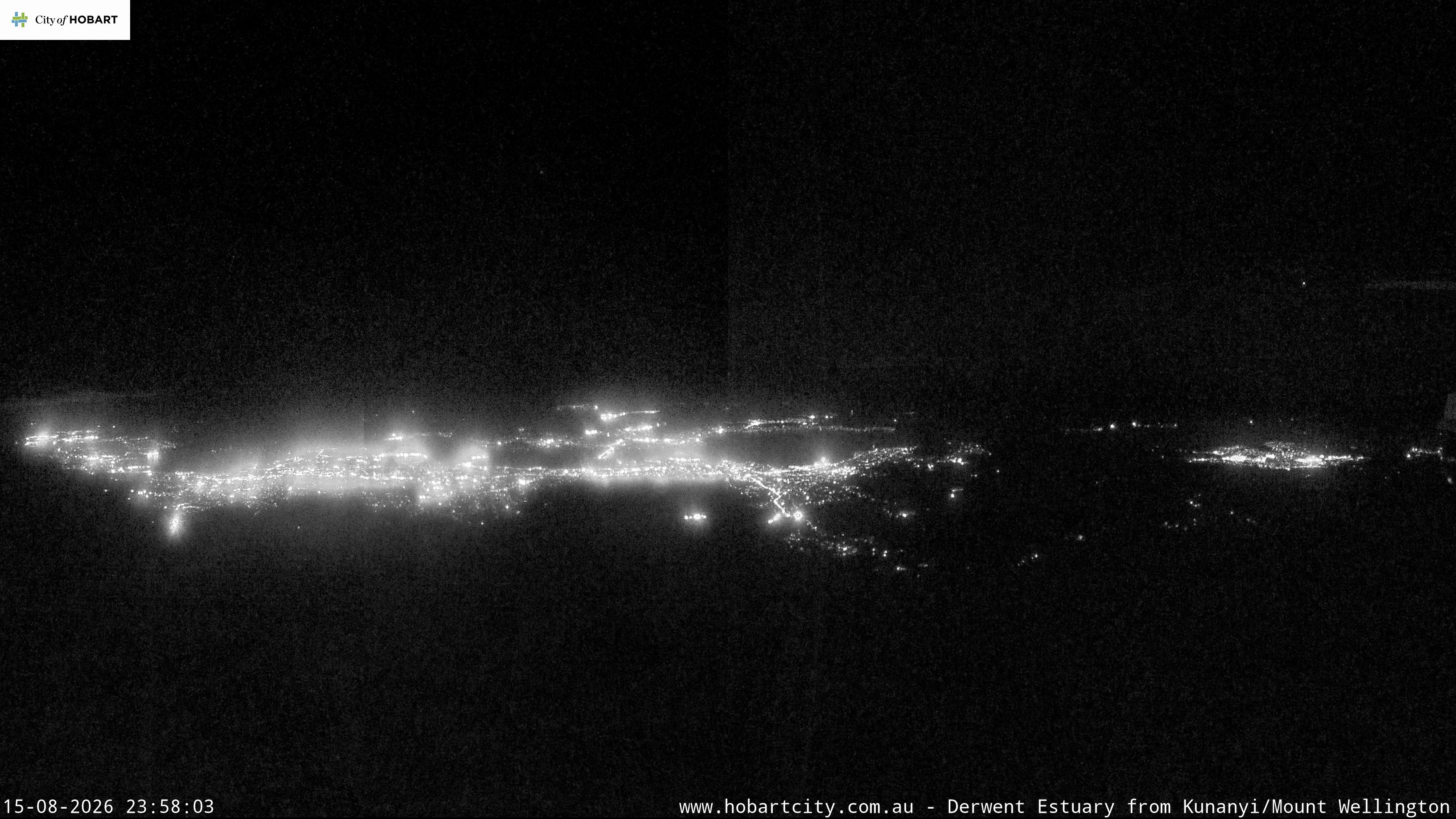 kunanyi / Mt Wellington Hobart and Derwent Estuary snow cam captured at 15 August 2026 at 11:58 pm AEST
