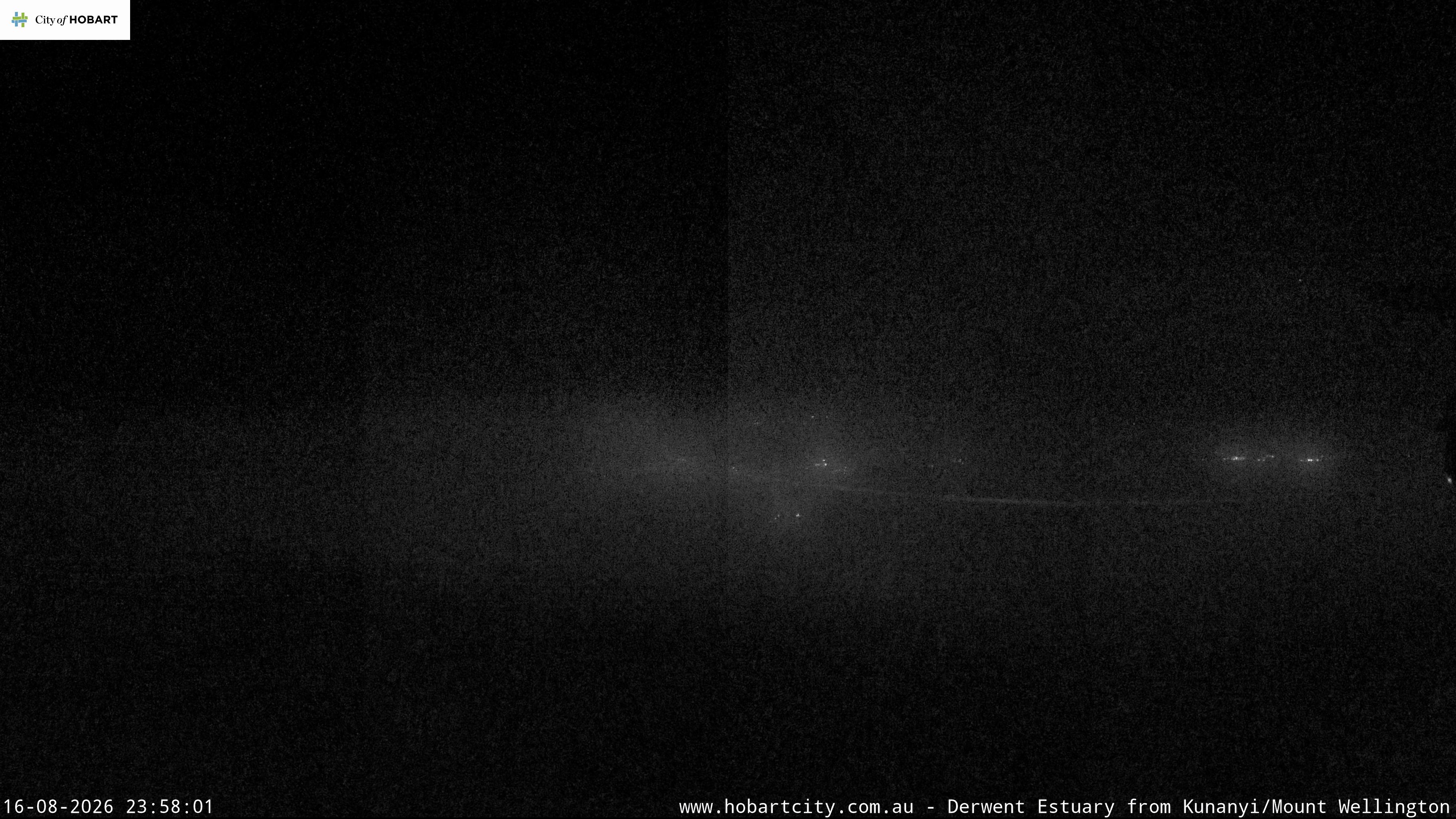 kunanyi / Mt Wellington Hobart and Derwent Estuary snow cam captured at 16 August 2026 at 11:58 pm AEST