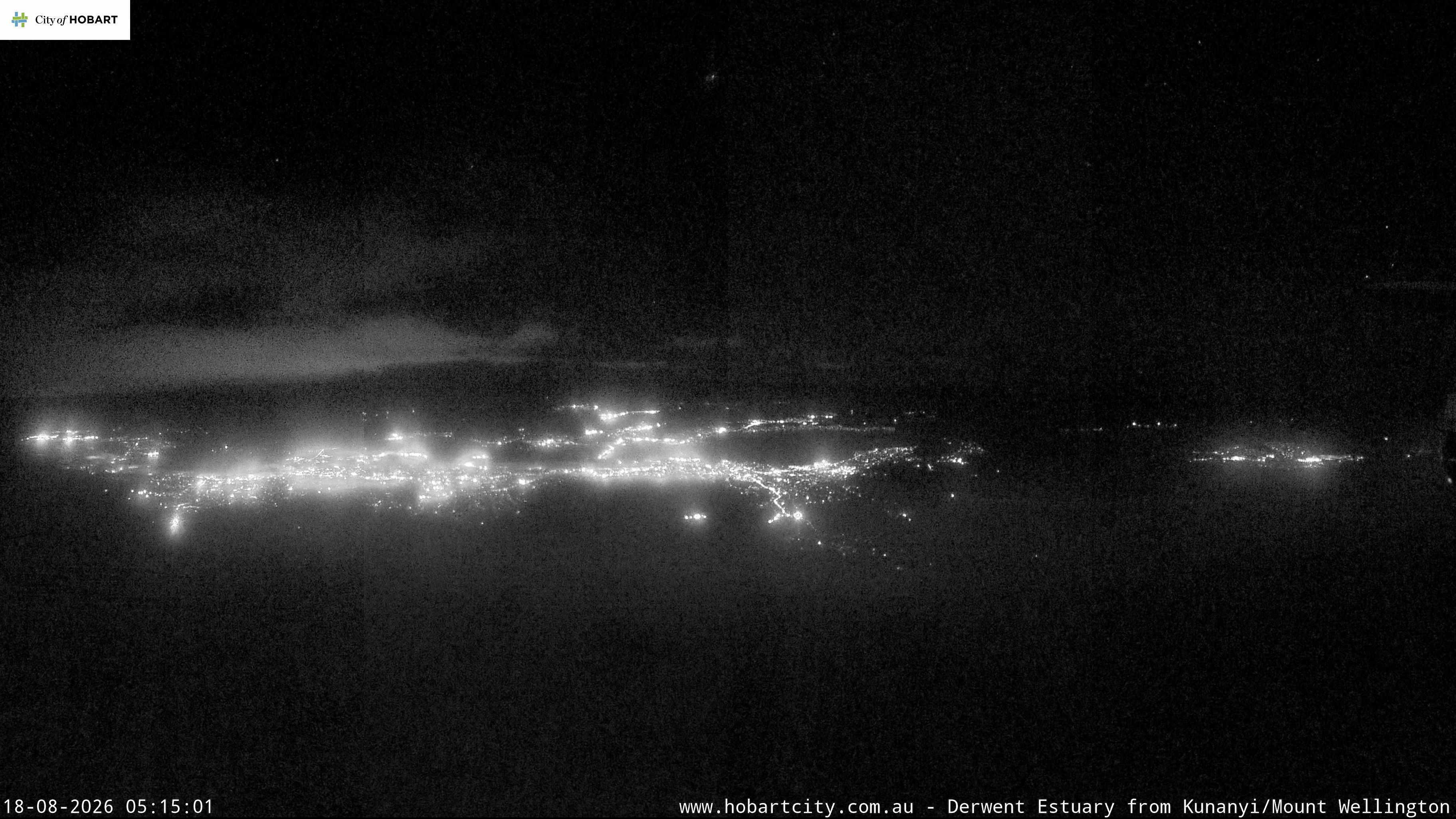 kunanyi / Mt Wellington Hobart and Derwent Estuary snow cam captured at 18 August 2026 at 5:15 am AEST