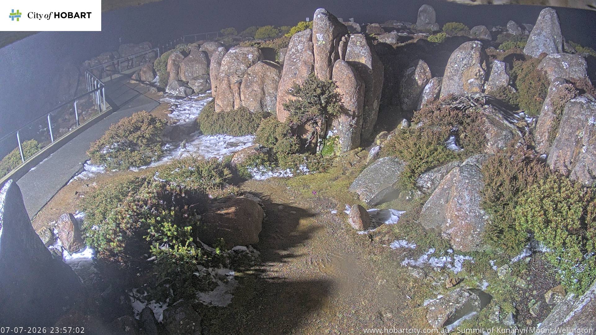 kunanyi / Mt Wellington Summit snow cam captured at 7 July 2026 at 11:57 pm AEST