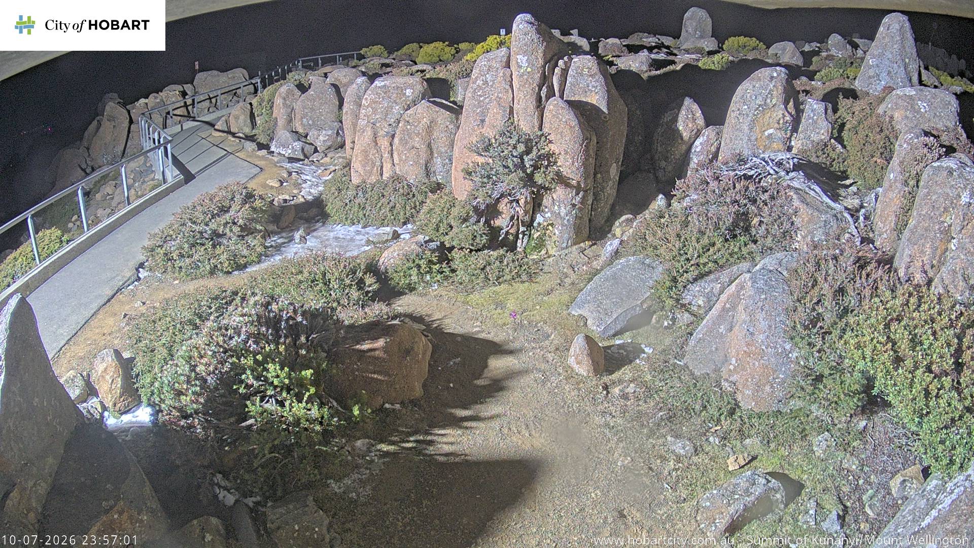 kunanyi / Mt Wellington Summit snow cam captured at 10 July 2026 at 11:57 pm AEST