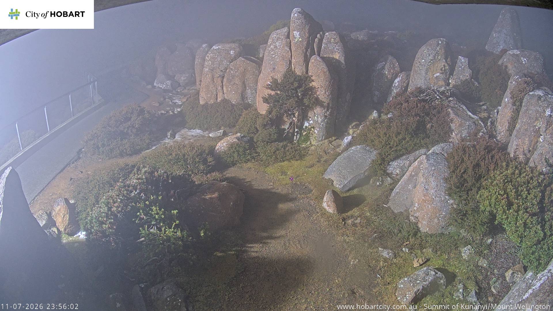 kunanyi / Mt Wellington Summit snow cam captured at 11 July 2026 at 11:56 pm AEST