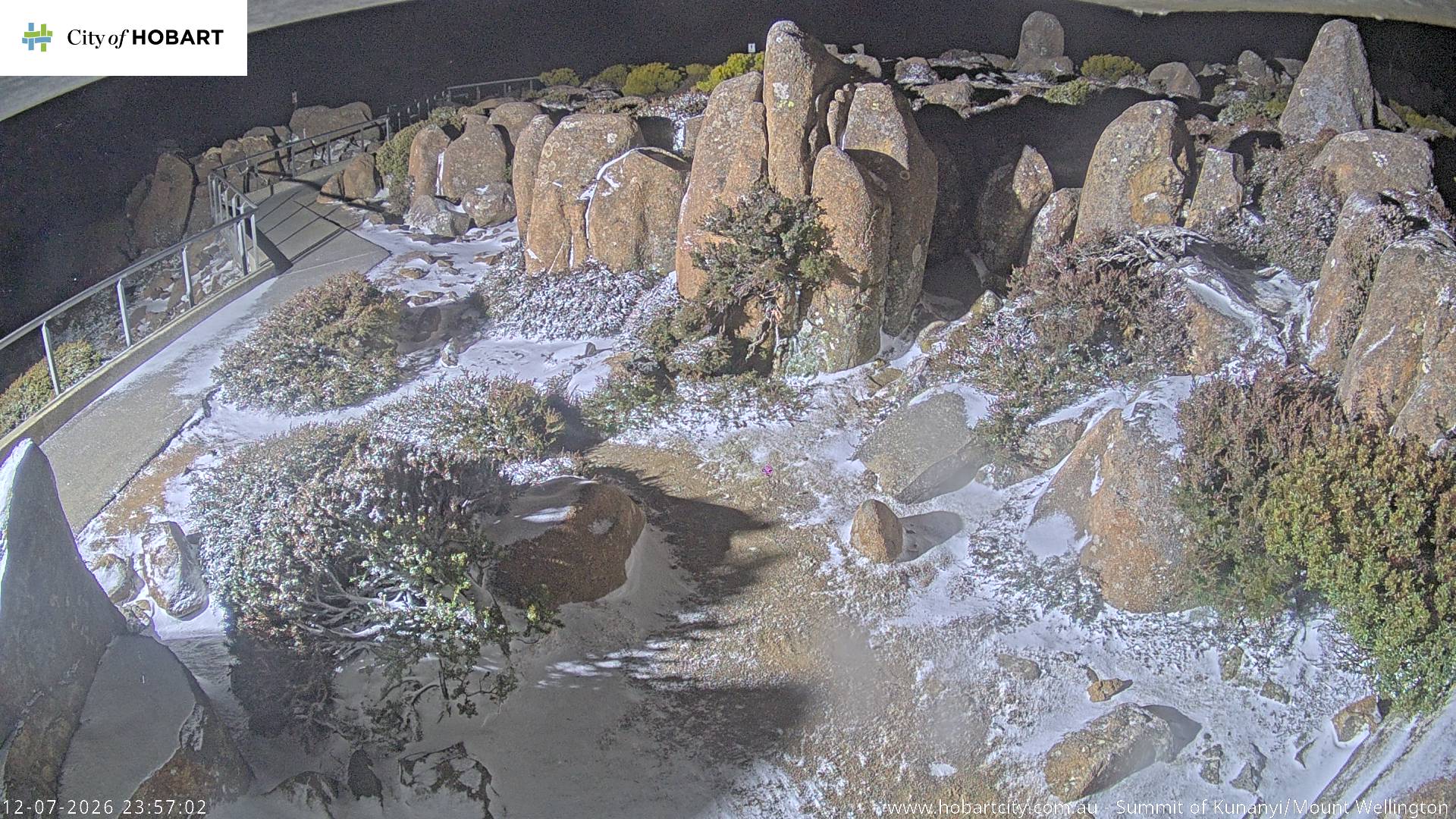 kunanyi / Mt Wellington Summit snow cam captured at 12 July 2026 at 11:57 pm AEST
