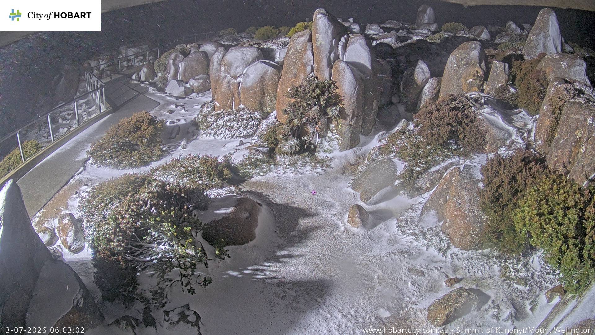 kunanyi / Mt Wellington Summit snow cam captured at 13 July 2026 at 6:03 am AEST