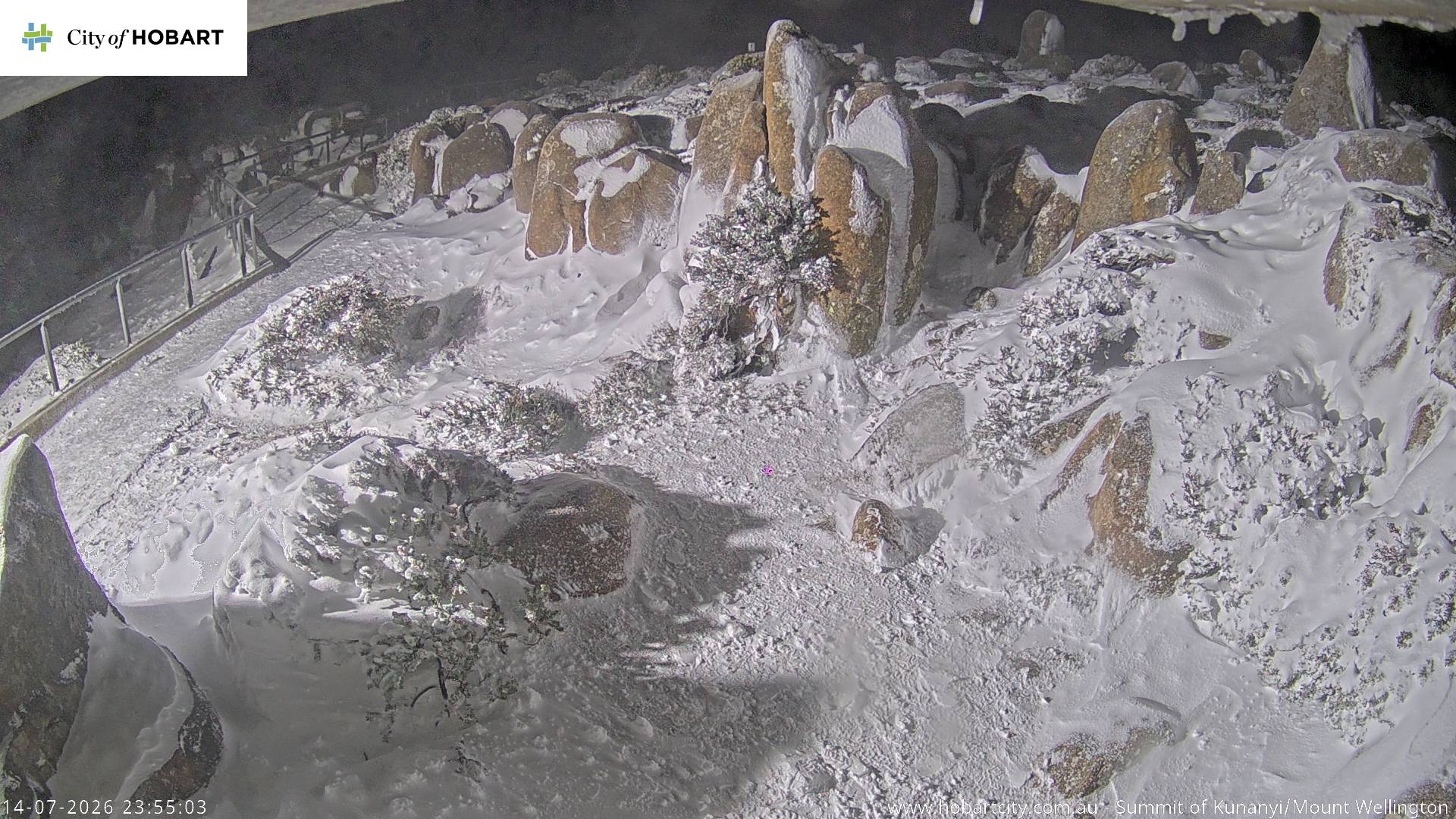 kunanyi / Mt Wellington Summit snow cam captured at 14 July 2026 at 11:55 pm AEST