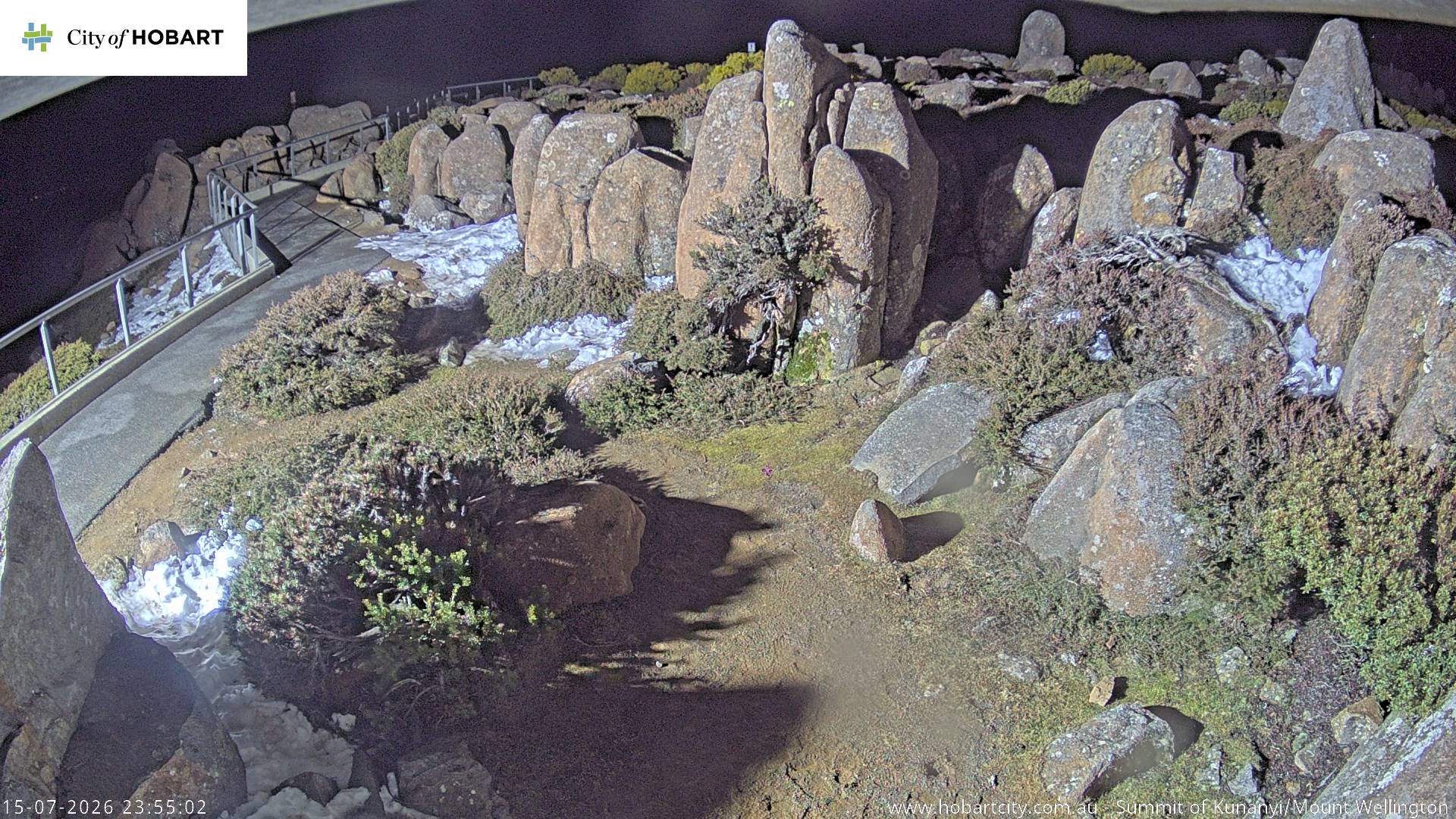 kunanyi / Mt Wellington Summit snow cam captured at 15 July 2026 at 11:55 pm AEST