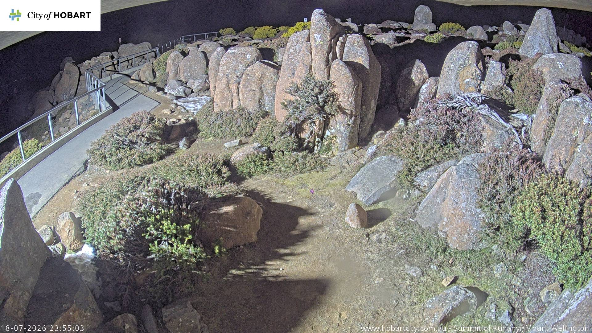 kunanyi / Mt Wellington Summit snow cam captured at 18 July 2026 at 11:55 pm AEST
