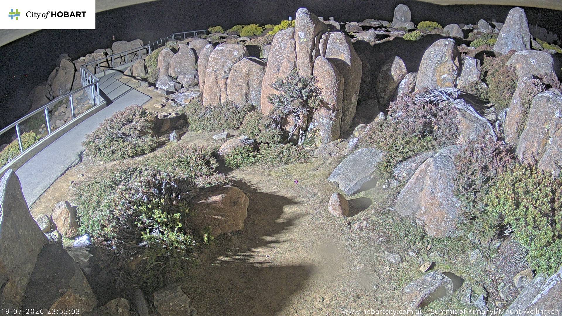kunanyi / Mt Wellington Summit snow cam captured at 19 July 2026 at 11:55 pm AEST