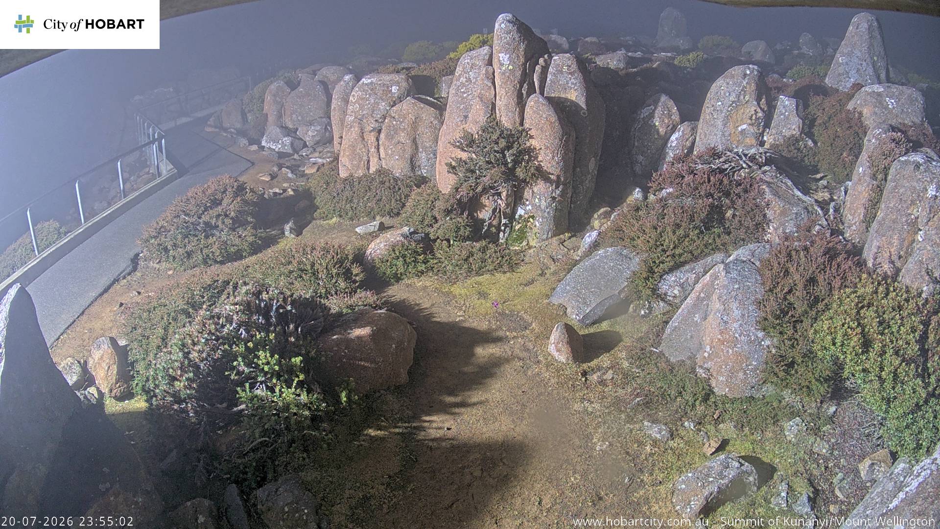kunanyi / Mt Wellington Summit snow cam captured at 20 July 2026 at 11:55 pm AEST
