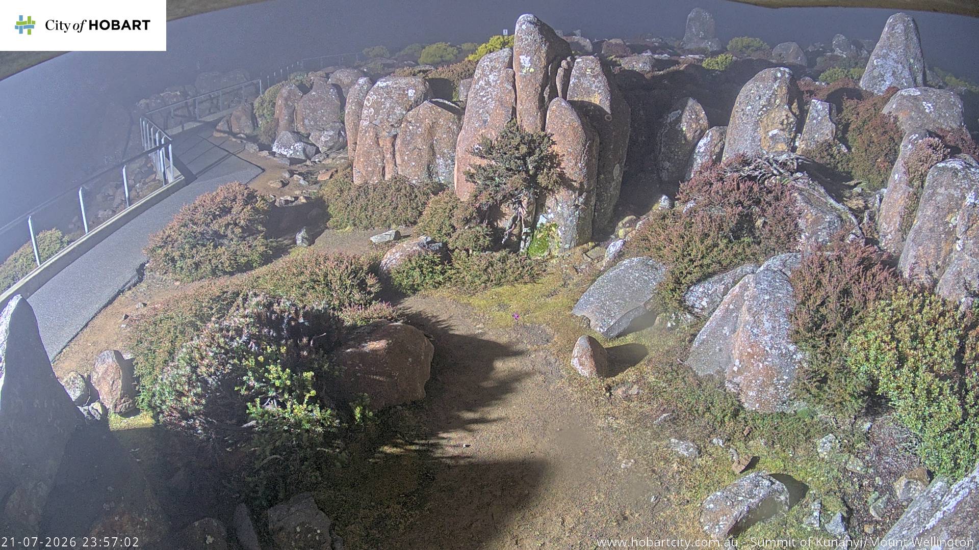 kunanyi / Mt Wellington Summit snow cam captured at 21 July 2026 at 11:57 pm AEST