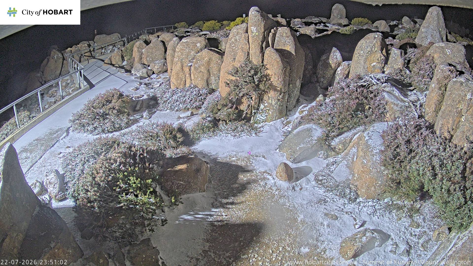 kunanyi / Mt Wellington Summit snow cam captured at 22 July 2026 at 11:51 pm AEST