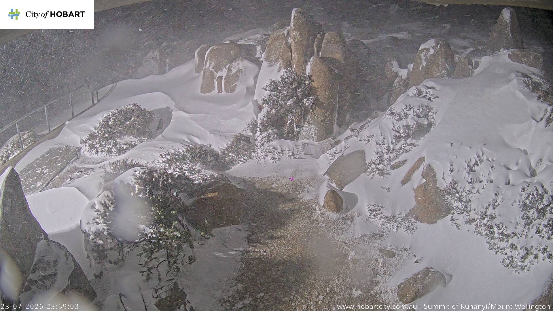 kunanyi / Mt Wellington Summit snow cam captured at 23 July 2026 at 11:59 pm AEST