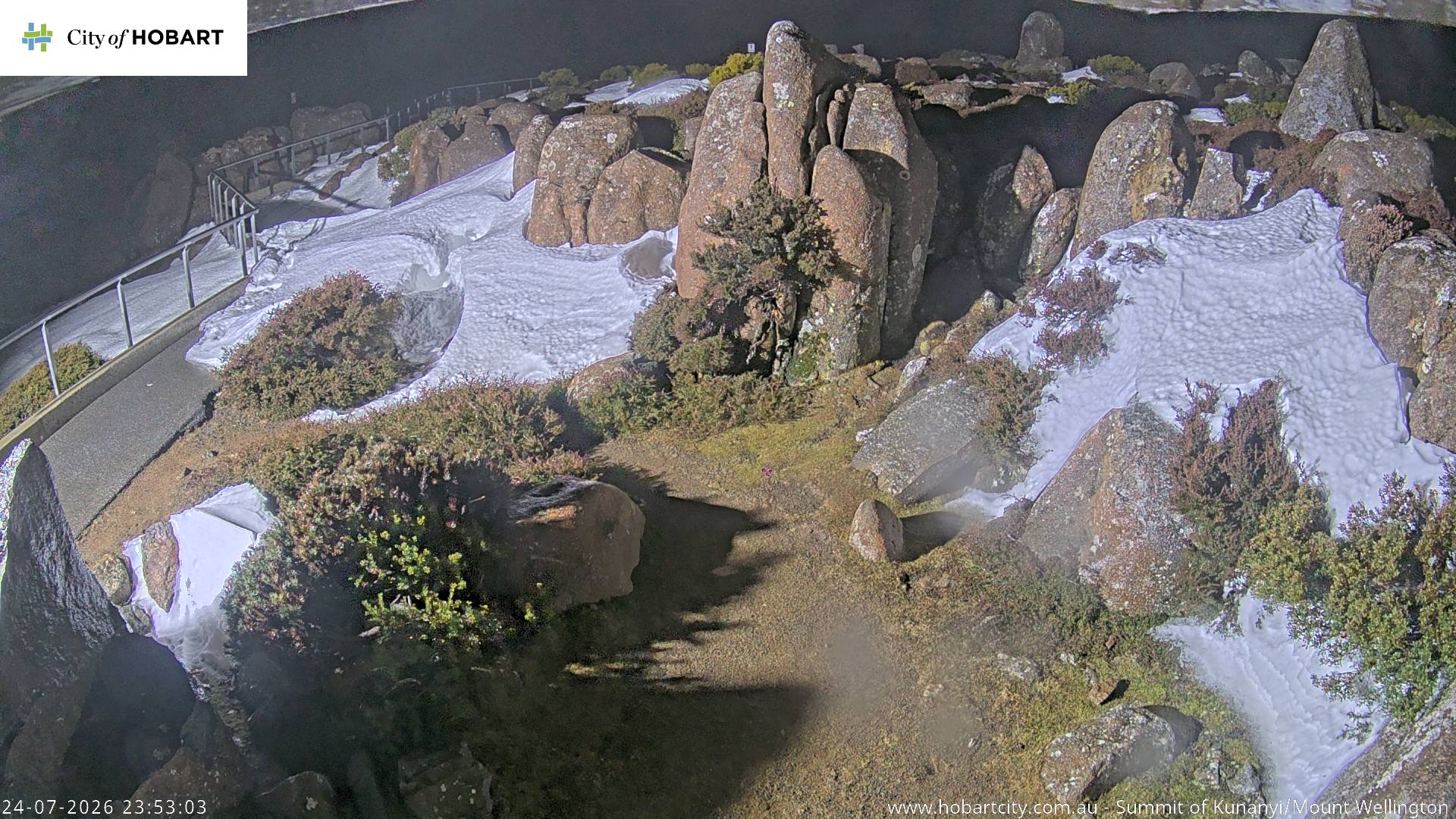 kunanyi / Mt Wellington Summit snow cam captured at 24 July 2026 at 11:54 pm AEST