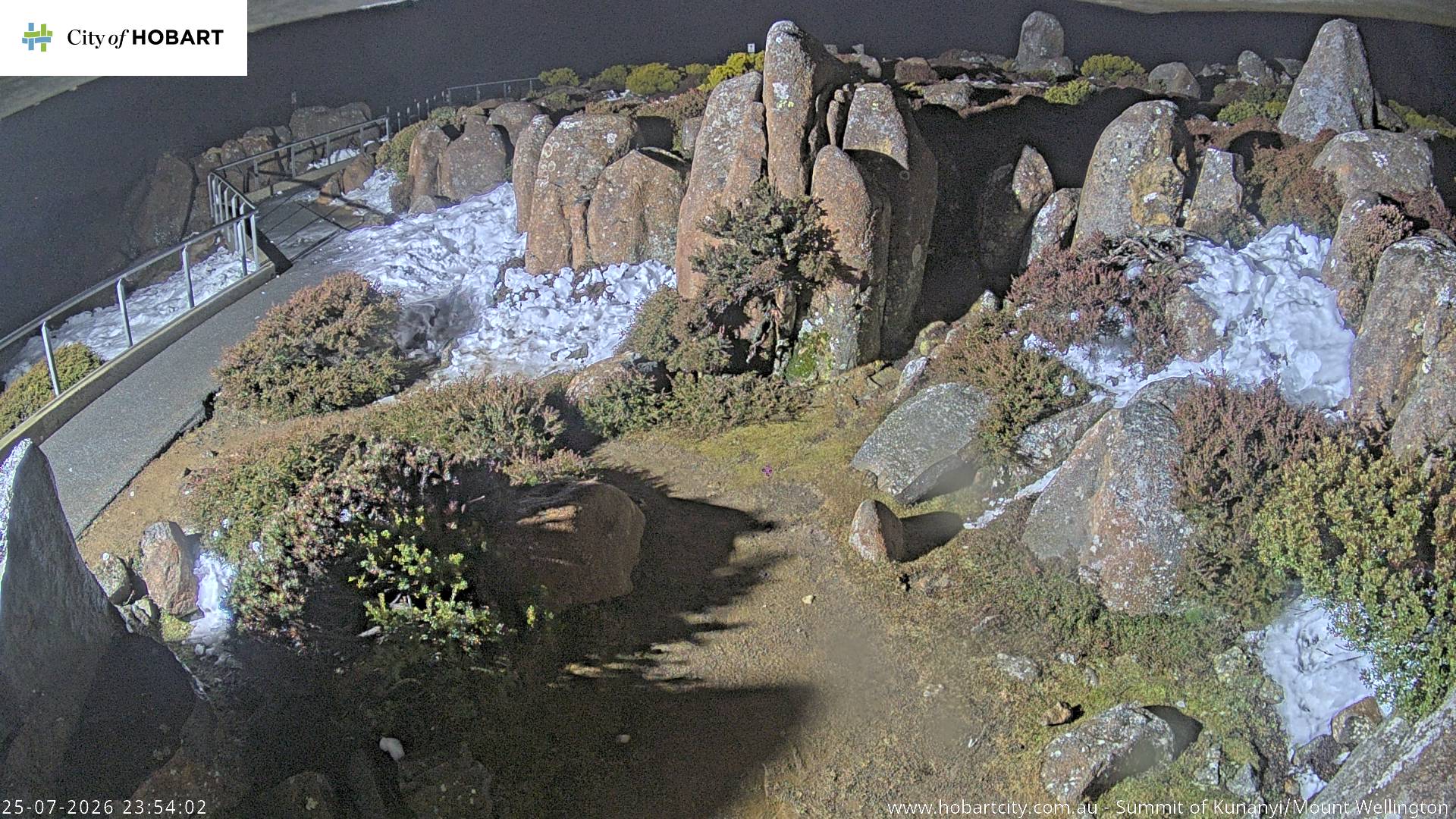 kunanyi / Mt Wellington Summit snow cam captured at 25 July 2026 at 11:54 pm AEST