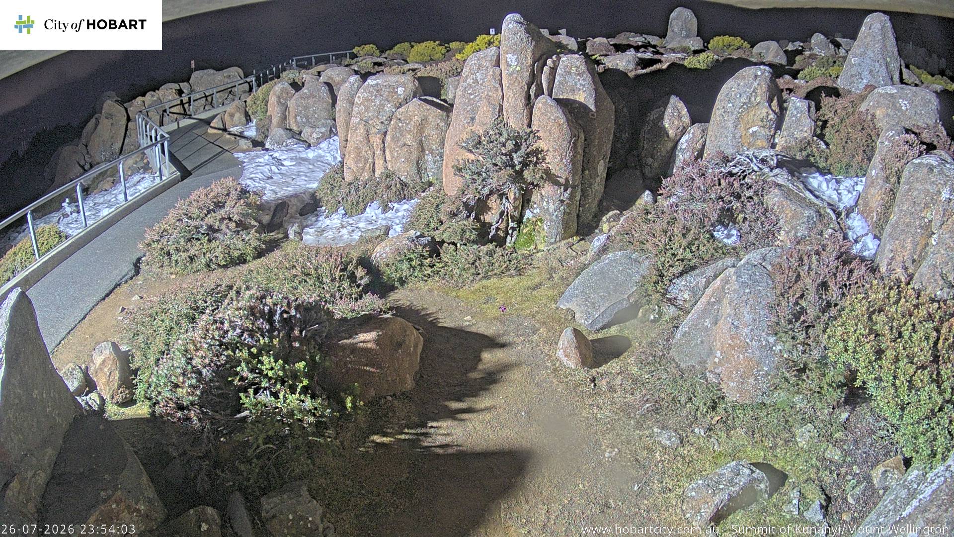kunanyi / Mt Wellington Summit snow cam captured at 26 July 2026 at 11:54 pm AEST