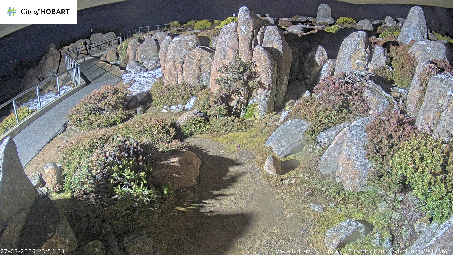 kunanyi / Mt Wellington Summit snow cam captured at 27 July 2026 at 11:54 pm AEST