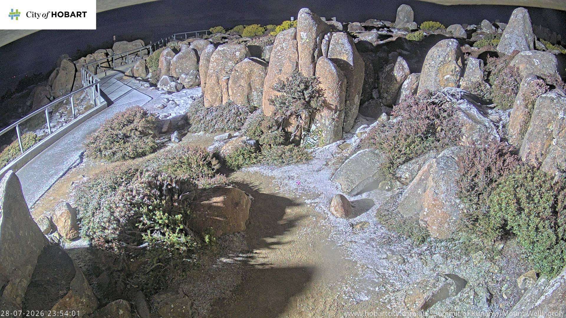 kunanyi / Mt Wellington Summit snow cam captured at 28 July 2026 at 11:54 pm AEST