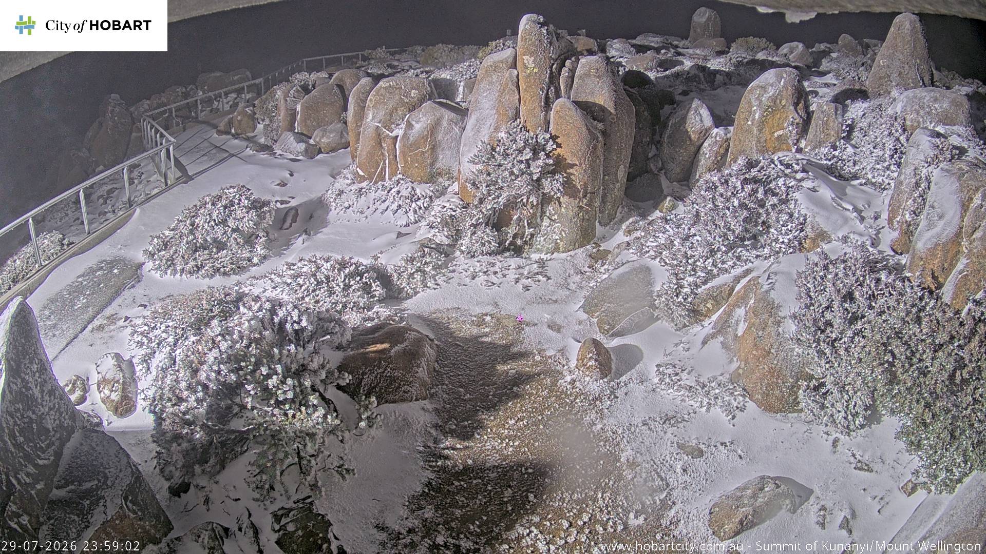kunanyi / Mt Wellington Summit snow cam captured at 29 July 2026 at 11:59 pm AEST