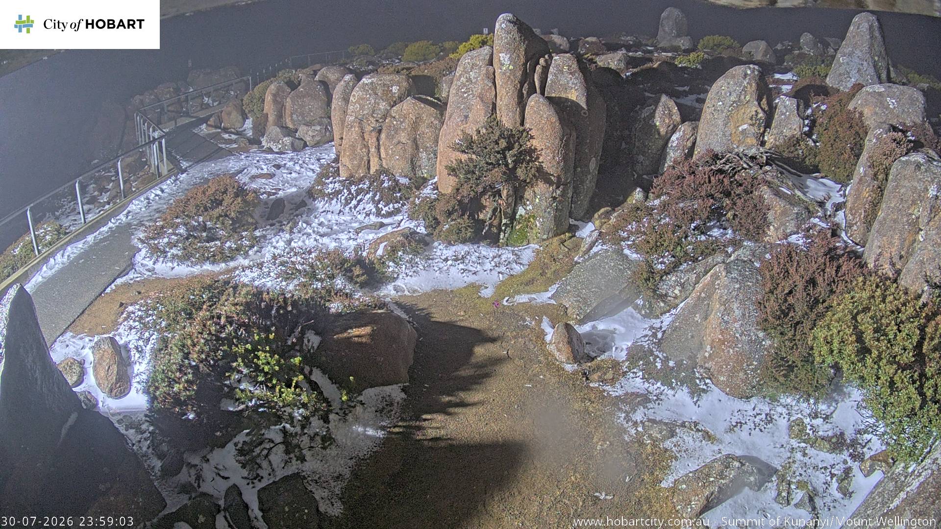 kunanyi / Mt Wellington Summit snow cam captured at 30 July 2026 at 11:59 pm AEST