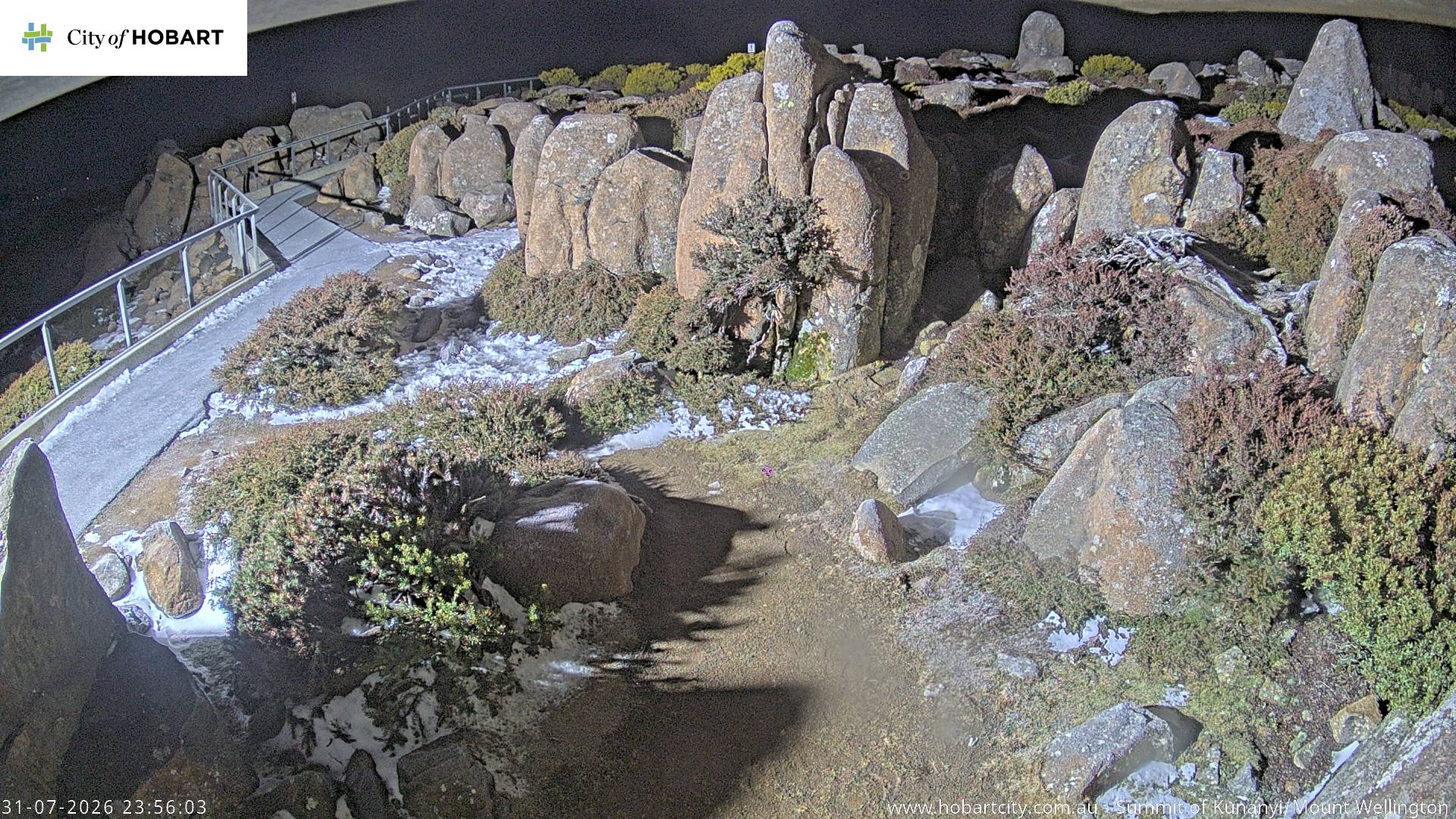 kunanyi / Mt Wellington Summit snow cam captured at 31 July 2026 at 11:56 pm AEST