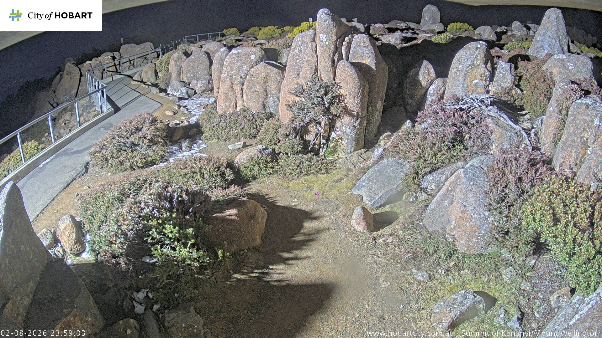 kunanyi / Mt Wellington Summit snow cam captured at 2 August 2026 at 11:59 pm AEST