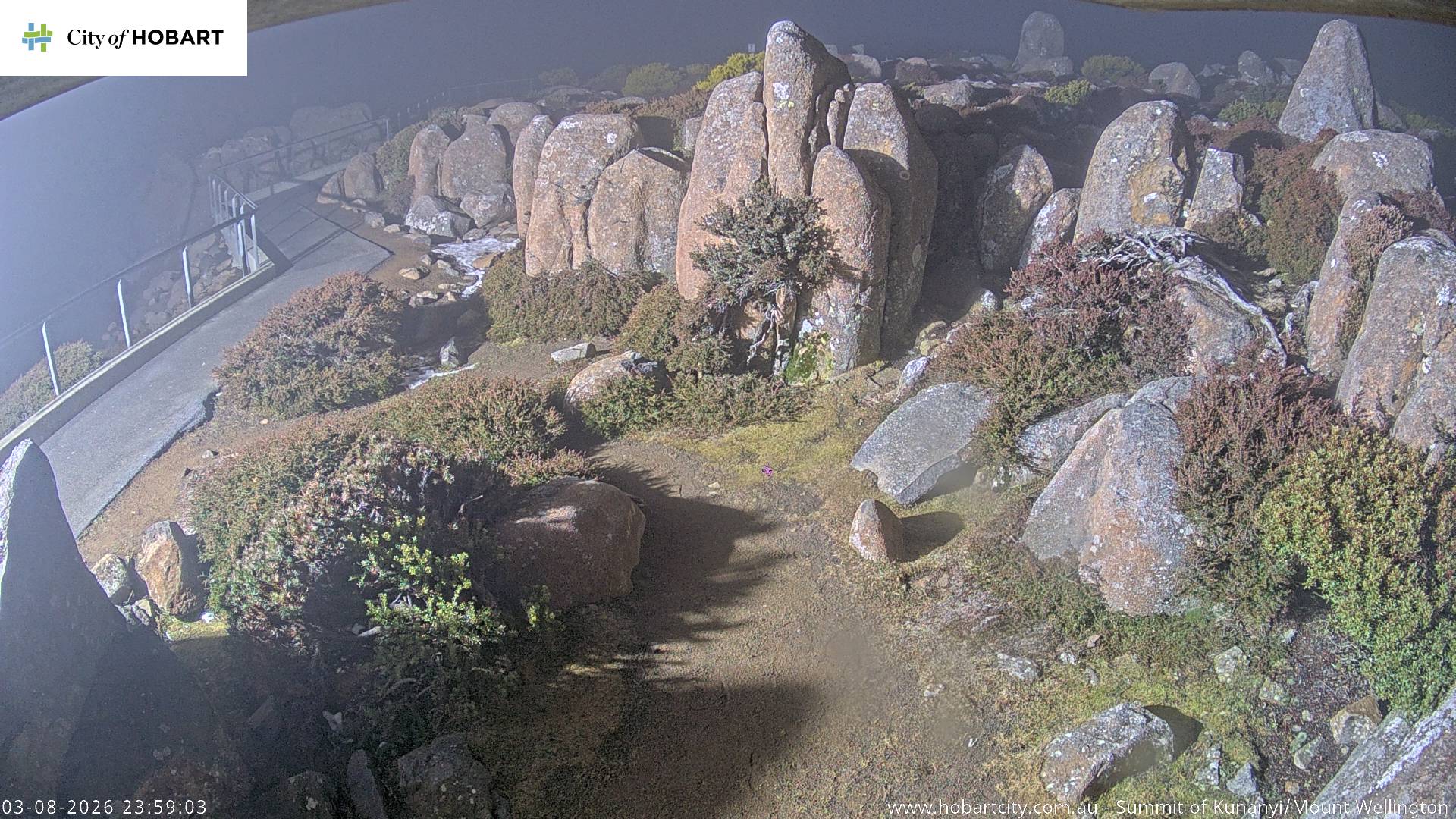 kunanyi / Mt Wellington Summit snow cam captured at 3 August 2026 at 11:59 pm AEST