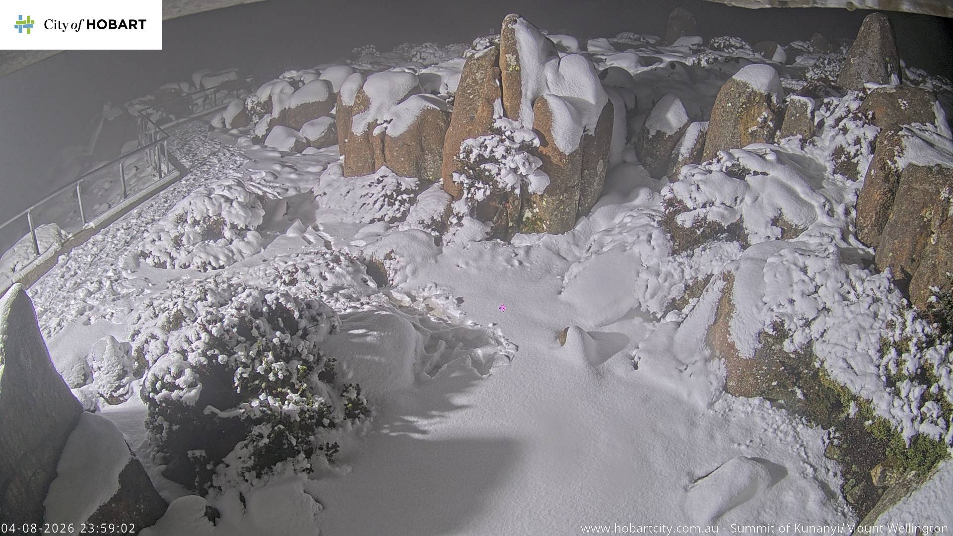 kunanyi / Mt Wellington Summit snow cam captured at 4 August 2026 at 11:59 pm AEST