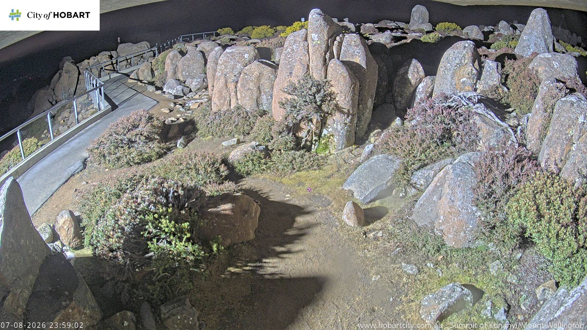 kunanyi / Mt Wellington Summit snow cam captured at 7 August 2026 at 11:59 pm AEST