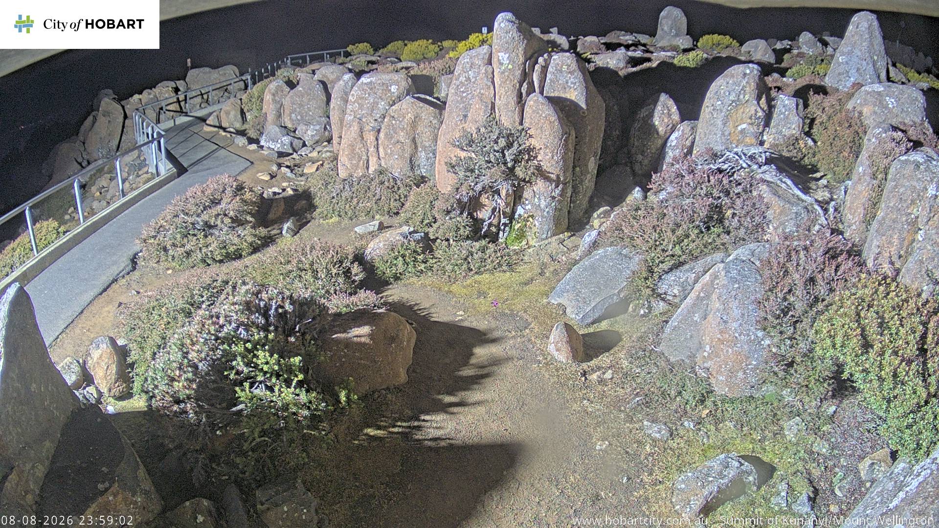 kunanyi / Mt Wellington Summit snow cam captured at 8 August 2026 at 11:59 pm AEST
