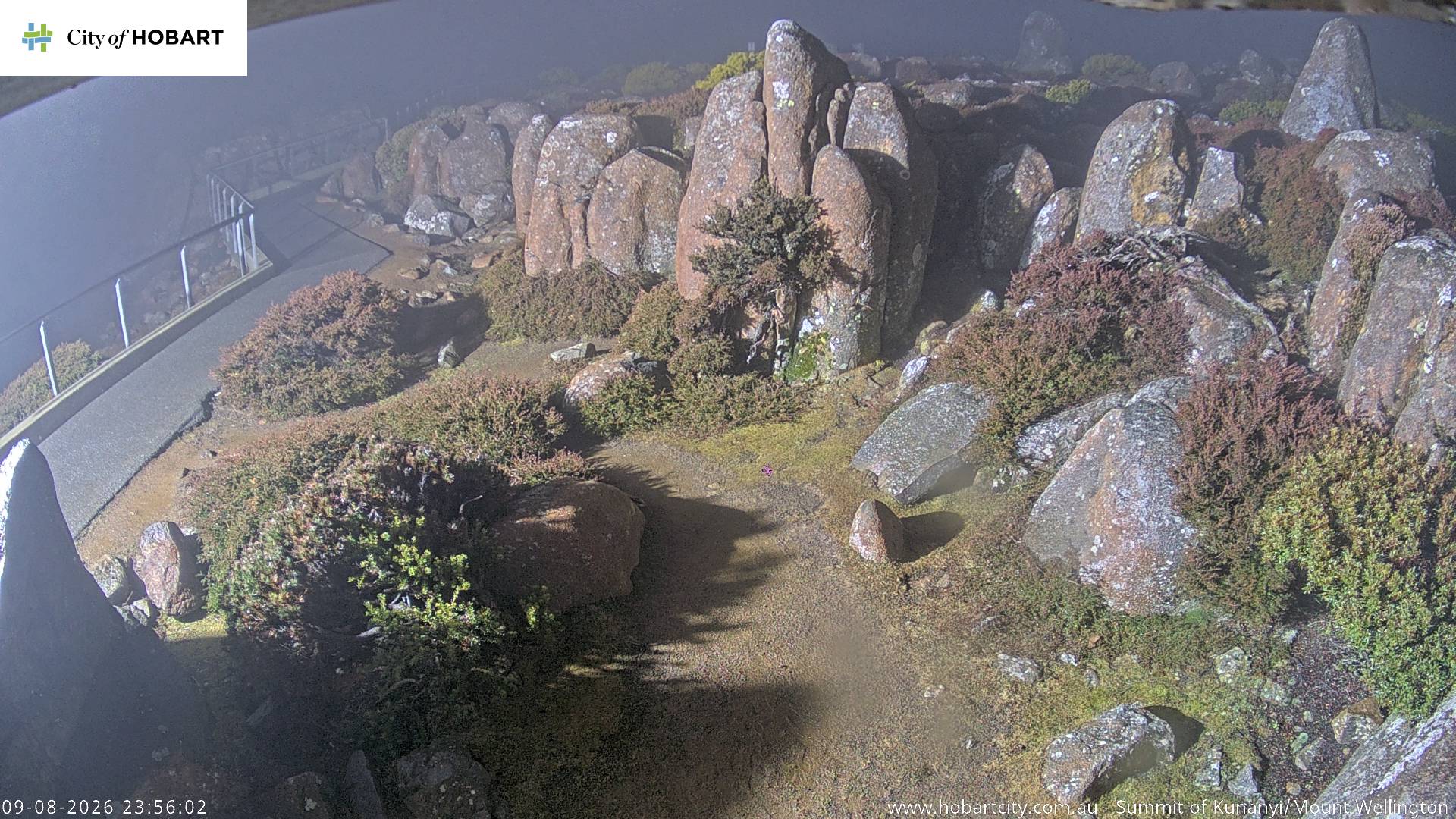 kunanyi / Mt Wellington Summit snow cam captured at 9 August 2026 at 11:56 pm AEST