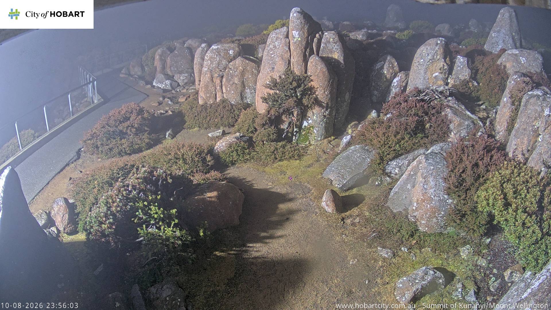 kunanyi / Mt Wellington Summit snow cam captured at 10 August 2026 at 11:57 pm AEST