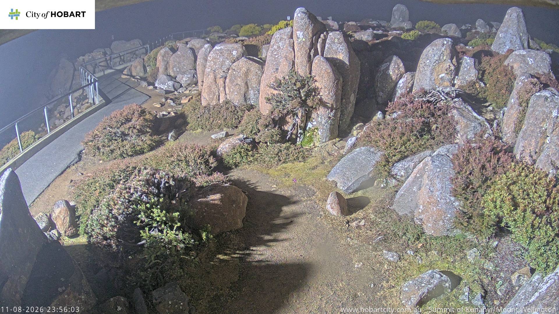 kunanyi / Mt Wellington Summit snow cam captured at 11 August 2026 at 11:57 pm AEST