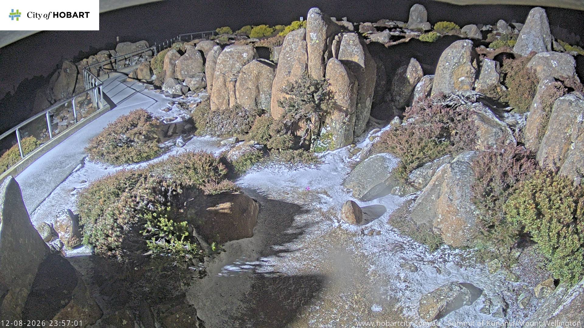 kunanyi / Mt Wellington Summit snow cam captured at 12 August 2026 at 11:57 pm AEST