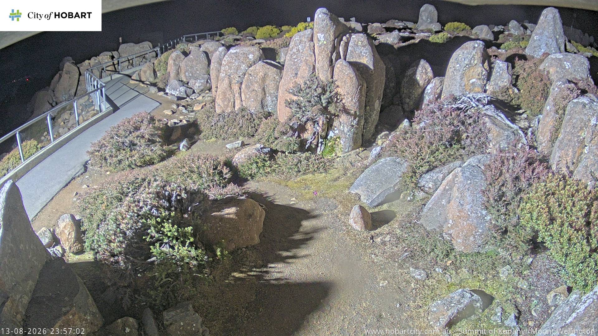 kunanyi / Mt Wellington Summit snow cam captured at 13 August 2026 at 11:58 pm AEST