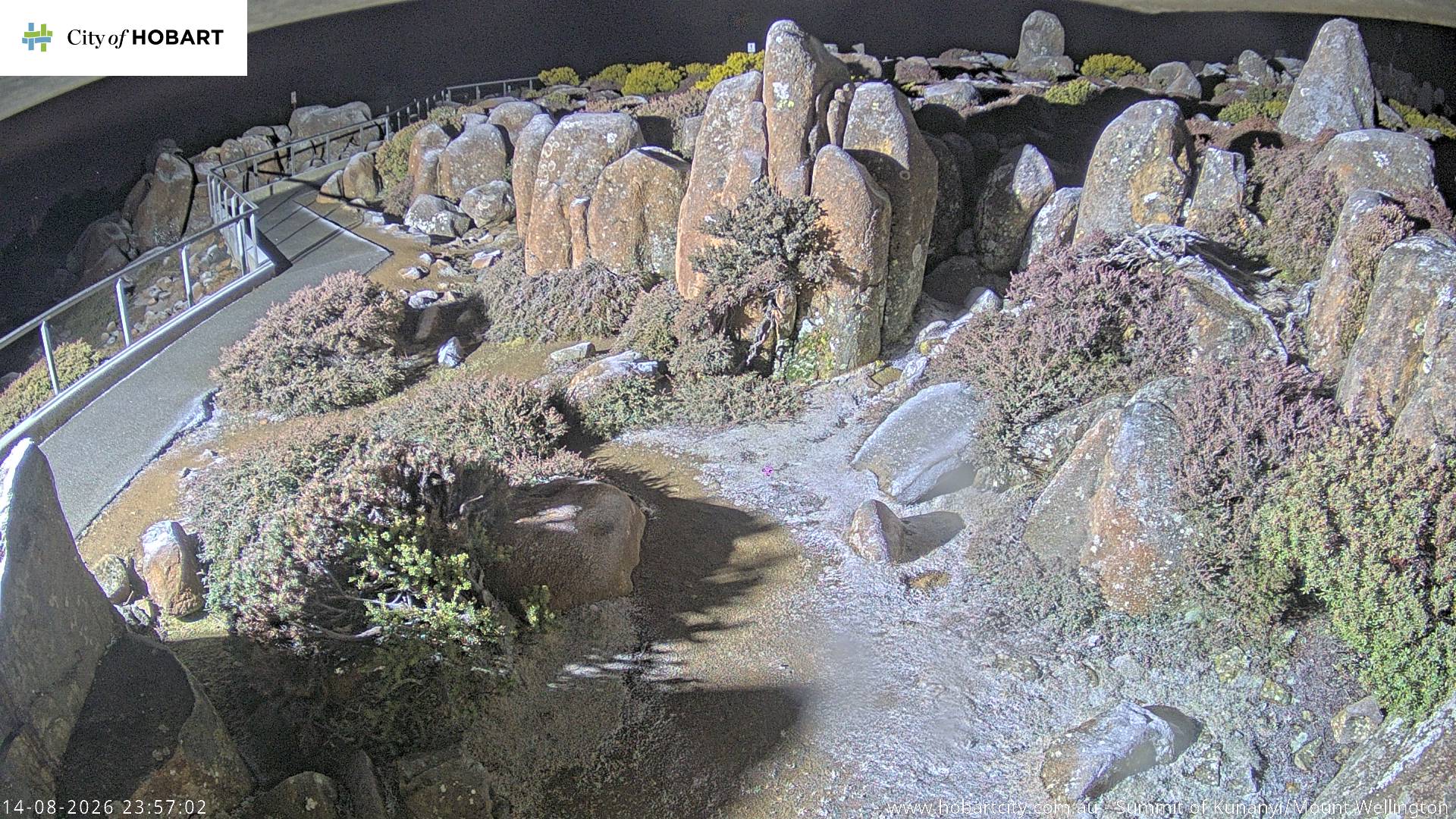kunanyi / Mt Wellington Summit snow cam captured at 14 August 2026 at 11:58 pm AEST