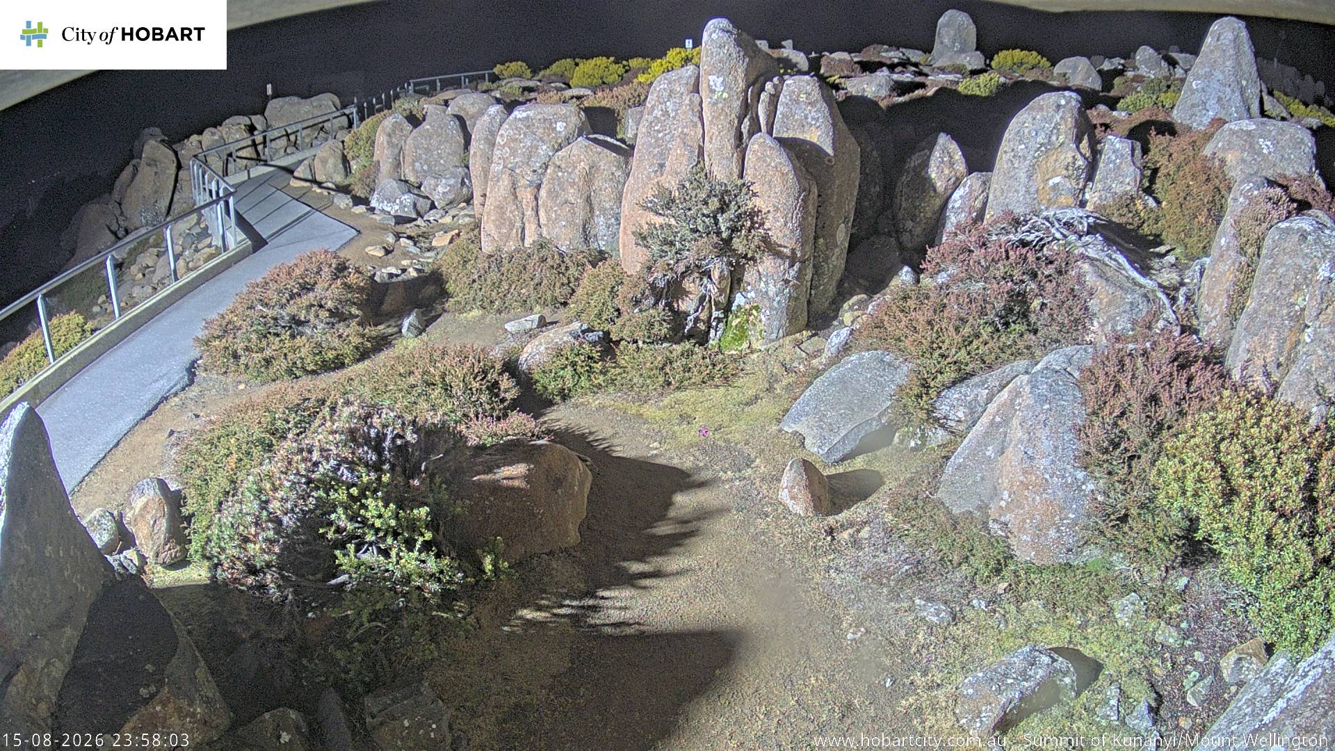 kunanyi / Mt Wellington Summit snow cam captured at 15 August 2026 at 11:58 pm AEST