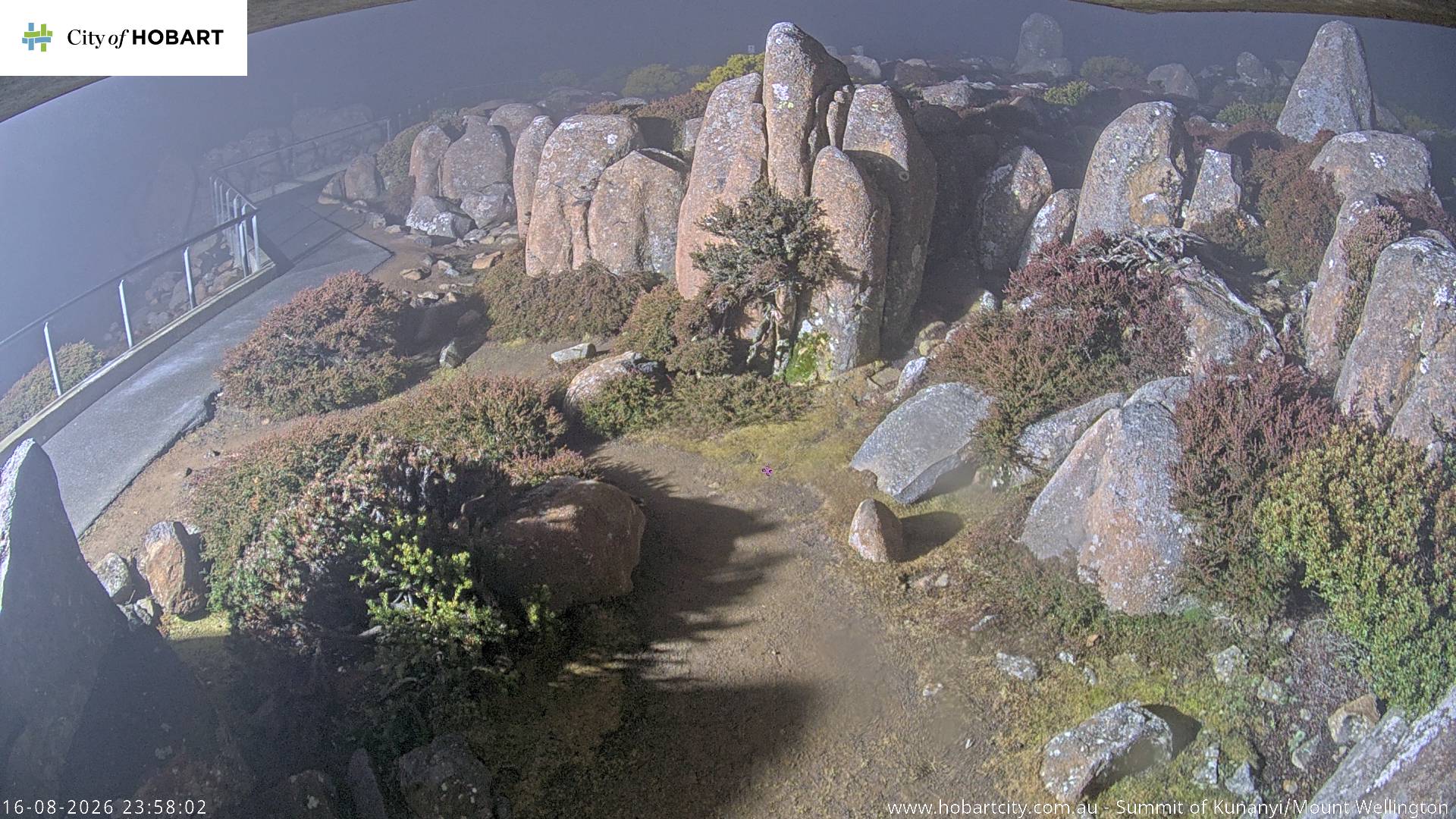 kunanyi / Mt Wellington Summit snow cam captured at 16 August 2026 at 11:58 pm AEST