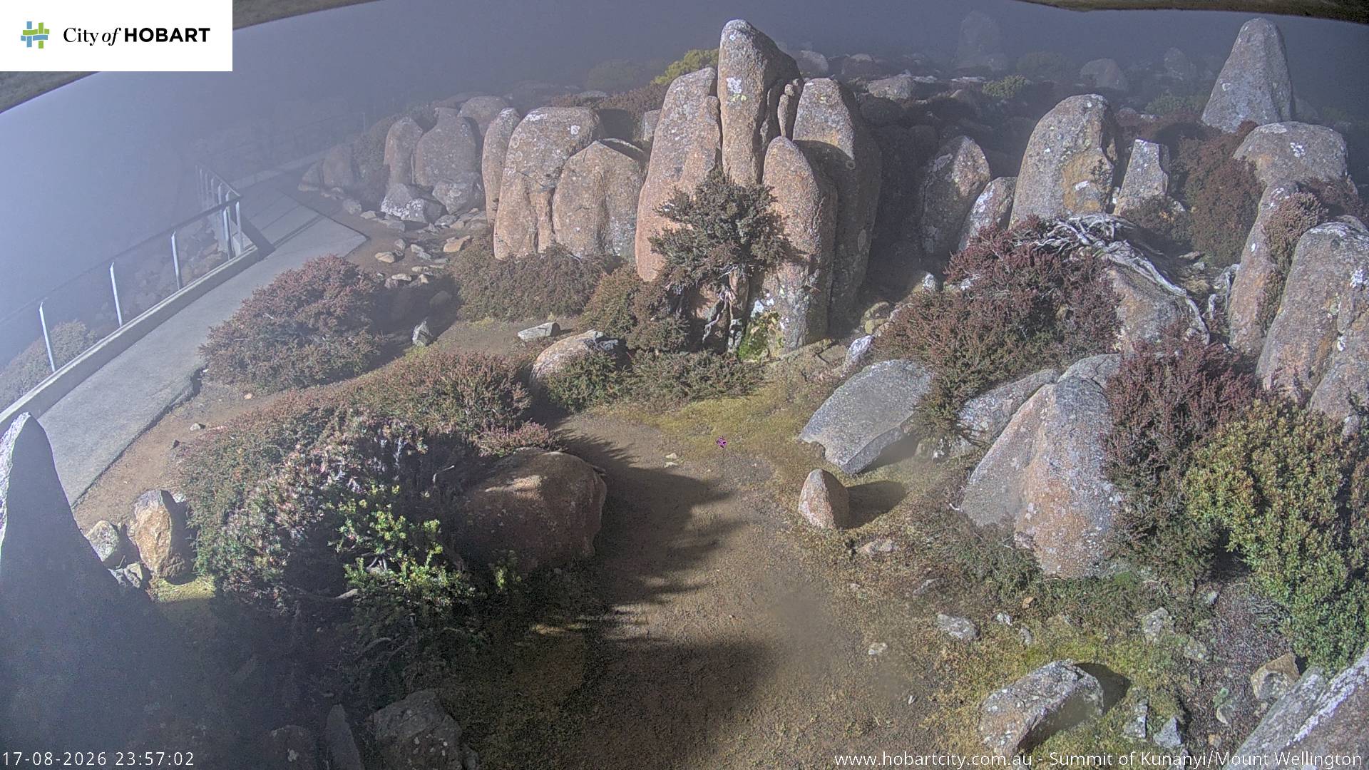 kunanyi / Mt Wellington Summit snow cam captured at 17 August 2026 at 11:57 pm AEST