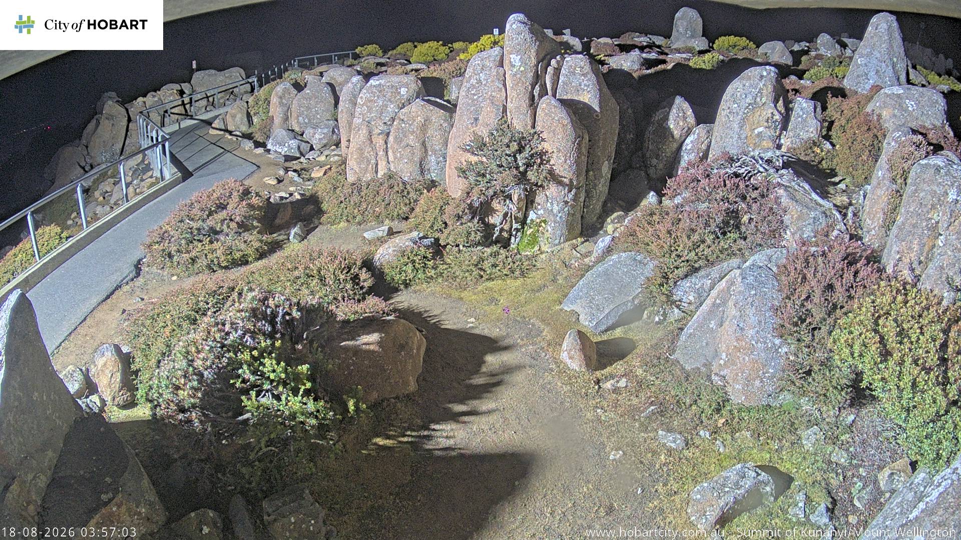 kunanyi / Mt Wellington Summit snow cam captured at 18 August 2026 at 3:57 am AEST