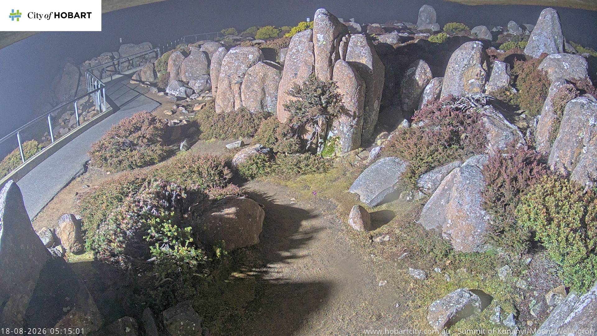 kunanyi / Mt Wellington Summit snow cam captured at 18 August 2026 at 5:15 am AEST