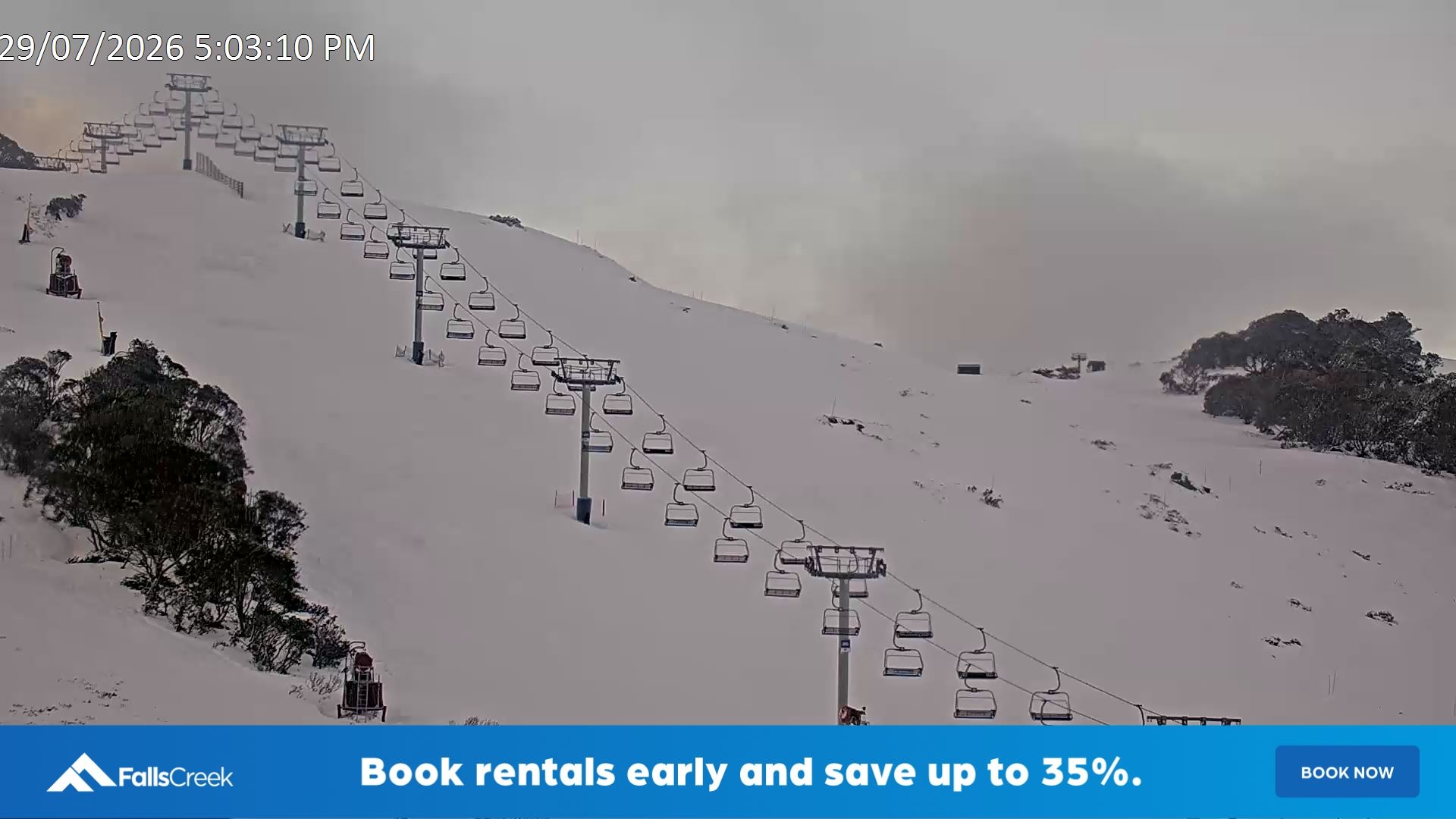 Falls Creek Scott Chair (Top) snow cam captured at 29 July 2026 at 7:24 pm AEST