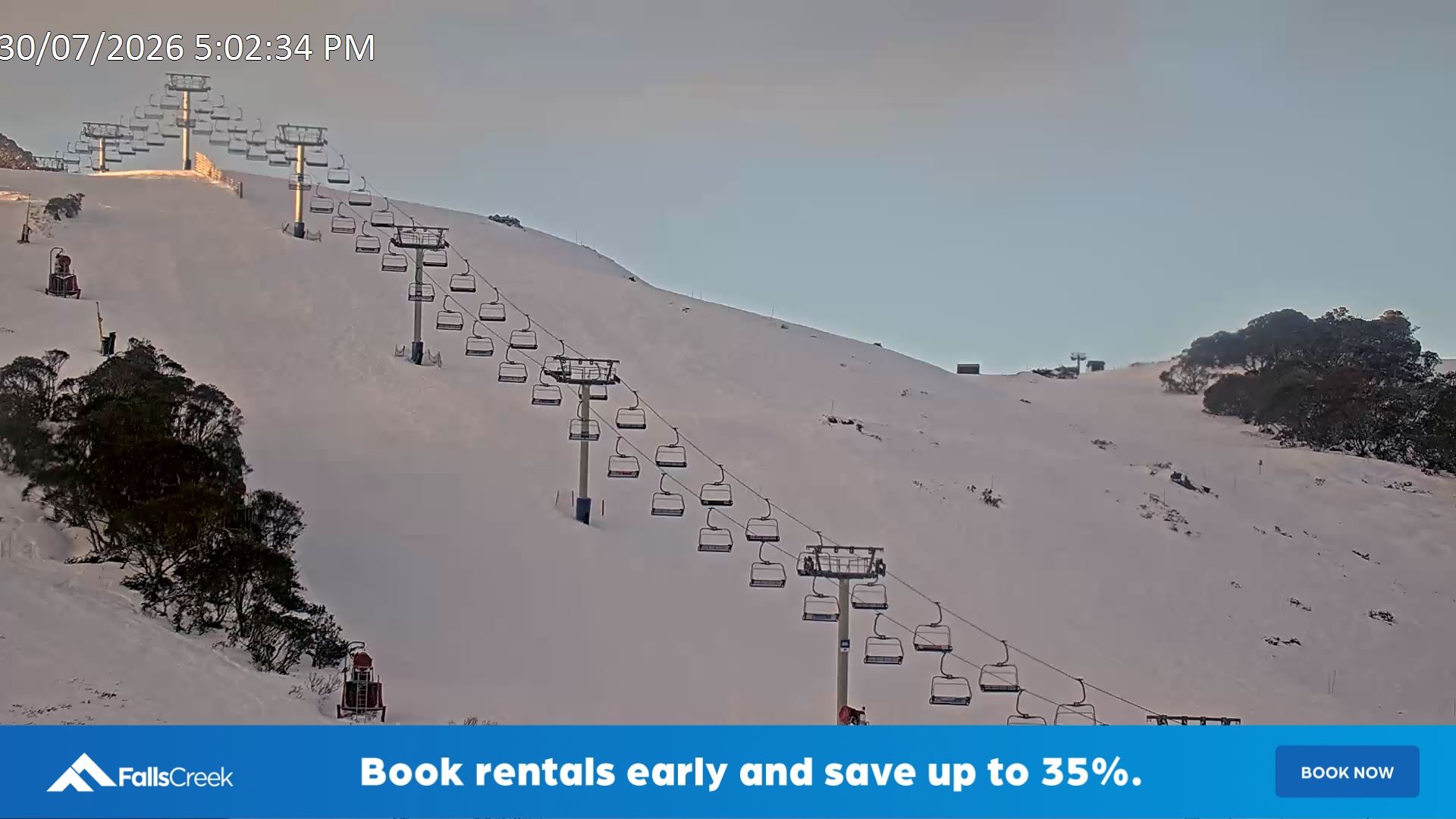 Falls Creek Scott Chair (Top) snow cam captured at 30 July 2026 at 5:13 pm AEST