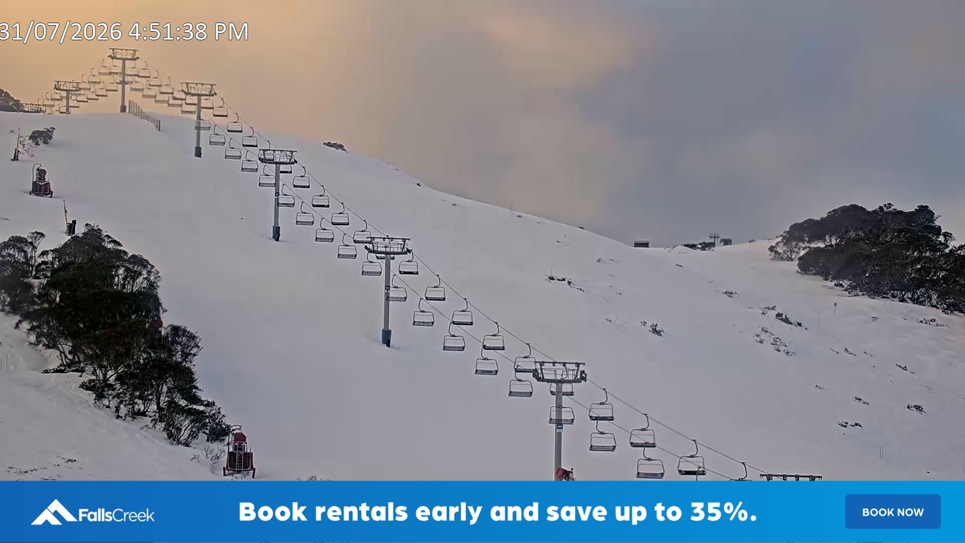 Falls Creek Scott Chair (Top) snow cam captured at 31 July 2026 at 5:03 pm AEST
