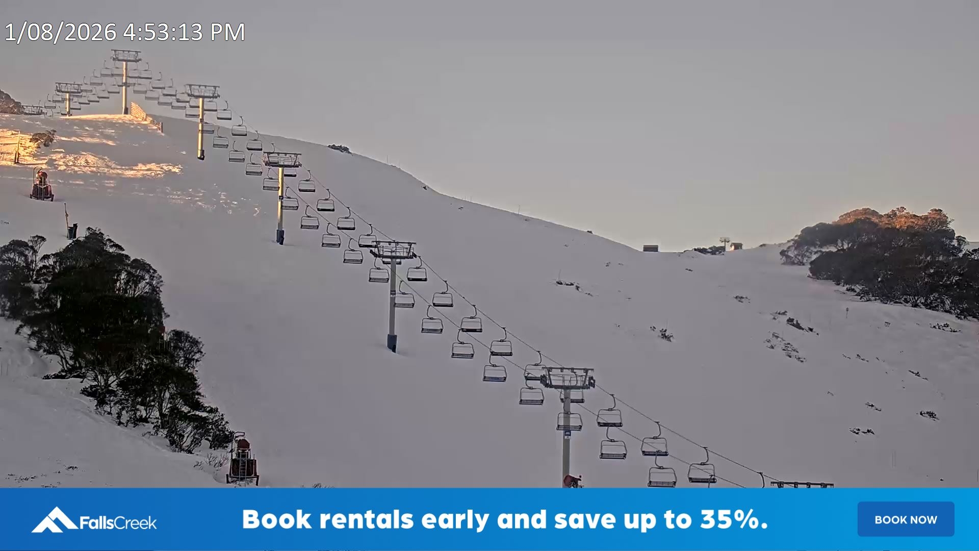 Falls Creek Scott Chair (Top) snow cam captured at 1 August 2026 at 5:08 pm AEST
