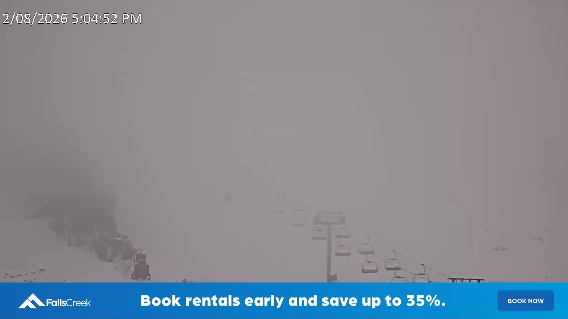 Falls Creek Scott Chair (Top) snow cam captured at 2 August 2026 at 5:12 pm AEST