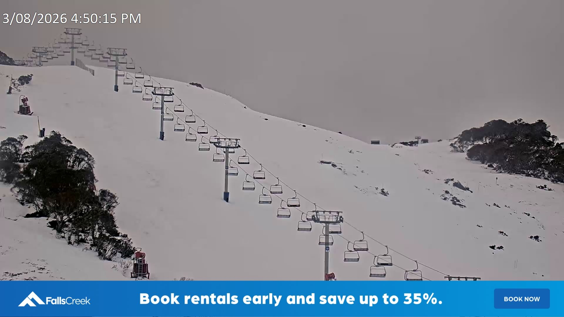 Falls Creek Scott Chair (Top) snow cam captured at 3 August 2026 at 5:06 pm AEST
